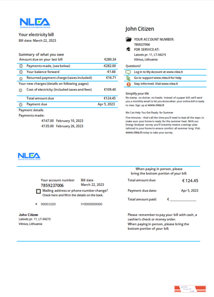 Lithuania National Lithuanian Energy Association utility bill Word and PDF template